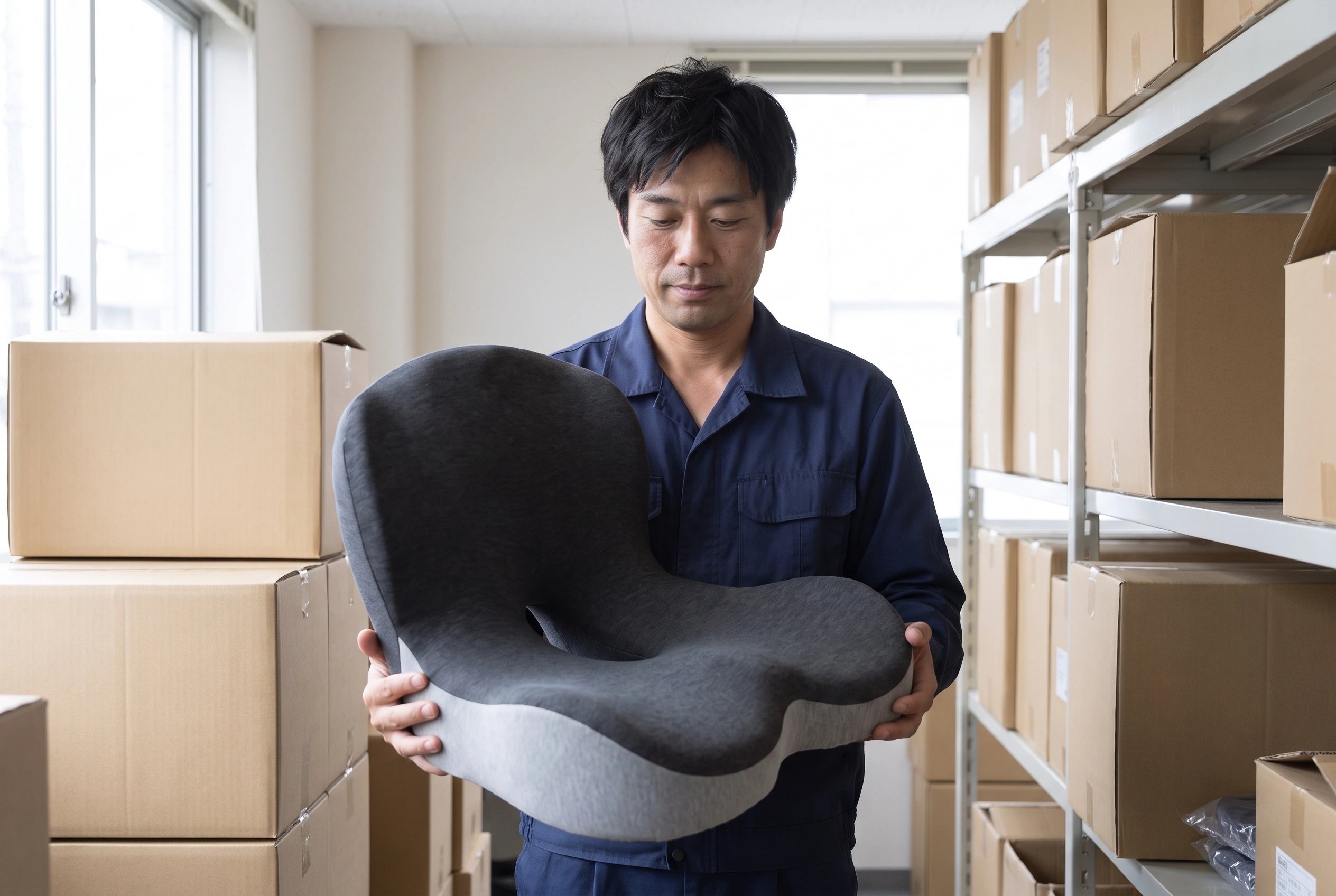 倉庫でコツラクを持ち、商品の形を確認する男性