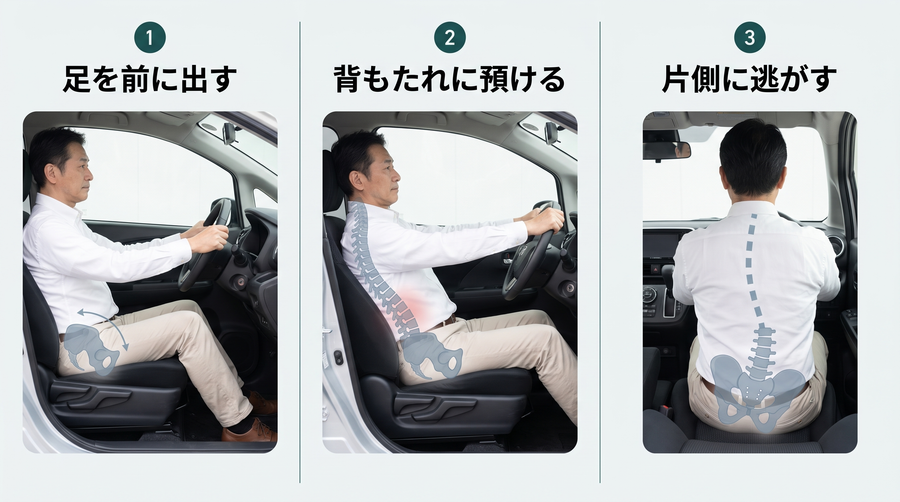 運転席で骨盤が倒れる3つのパターン。骨盤と背骨を透かして図示：足を前に出す・背もたれに預ける・片側に逃がす