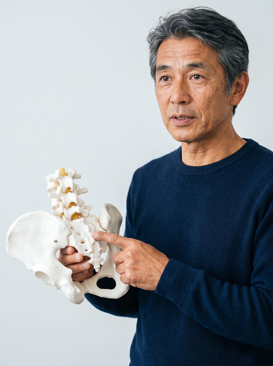 骨盤と腰椎の模型を持ち、尾骨のあたりを指して説明している男性