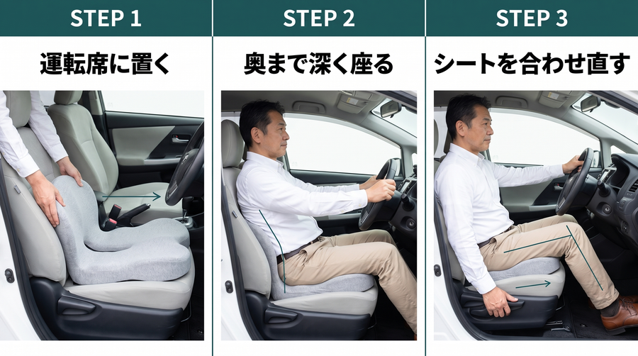 コツラクの使い方3ステップ（運転席）：運転席に置く・奥まで深く座る・シートを合わせ直す