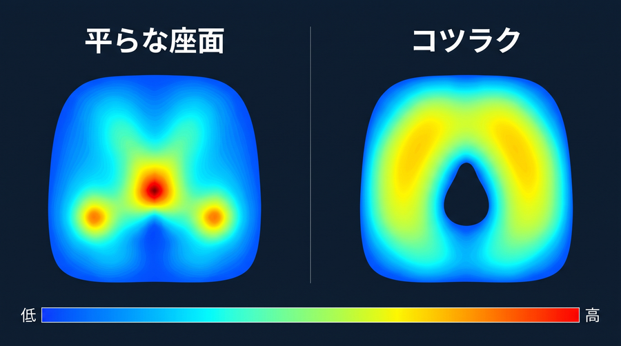 体圧分布のイメージ図。平らな座面は尾骨の位置に圧が集中し、コツラクは中央が抜けて左右へ分散する